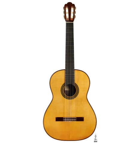 The front of a 1955 Manuel Velazquez classical guitar made of spruce and CSA rosewood