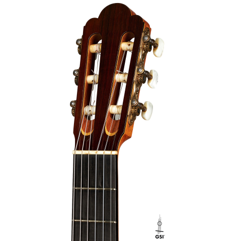 The headstock of a 1955 Manuel Velazquez classical guitar made of spruce and CSA rosewood