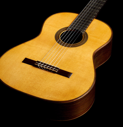 The top and sides of a 1955 Manuel Velazquez classical guitar made of spruce and CSA rosewood