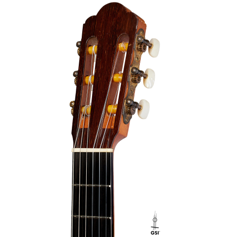 The headstock of a 1960 Manuel Velazquez classical guitar made of spruce and CSA rosewood
