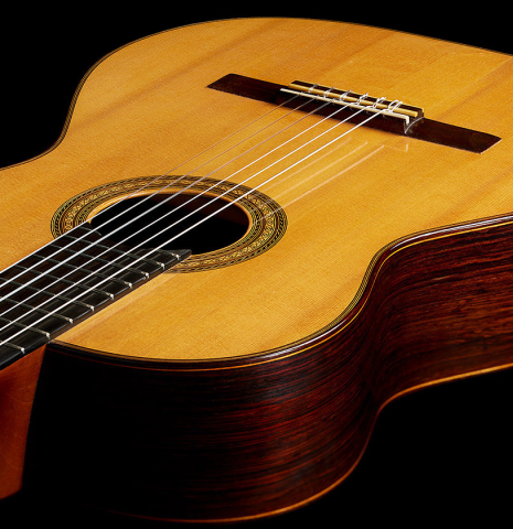The soundboard of a 1960 Manuel Velazquez classical guitar made of spruce and CSA rosewood