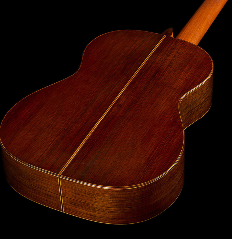 The back and sides of a 1958 Manuel Velazquez classical guitar made of spruce and CSA rosewood