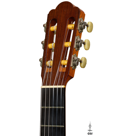 The headstock of a 1958 Manuel Velazquez classical guitar made of spruce and CSA rosewood