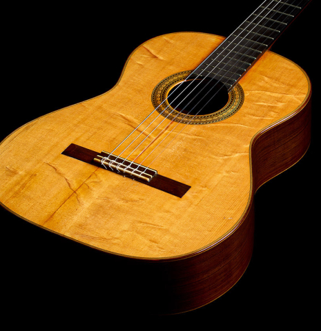 The top and sides of a 1958 Manuel Velazquez classical guitar made of spruce and CSA rosewood