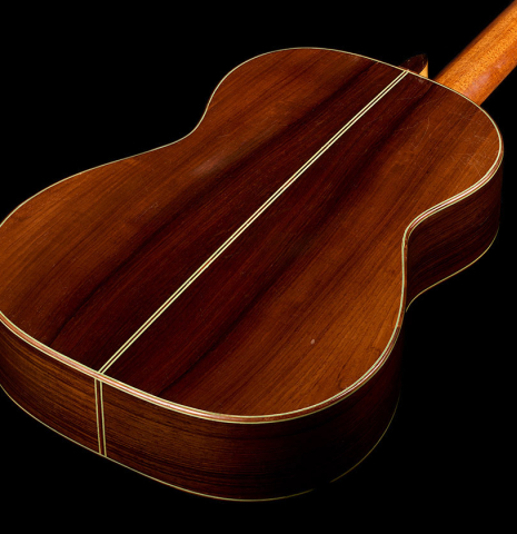 The back and sides of a 1951 Manuel Velazquez classical guitar made of spruce and CSA rosewood