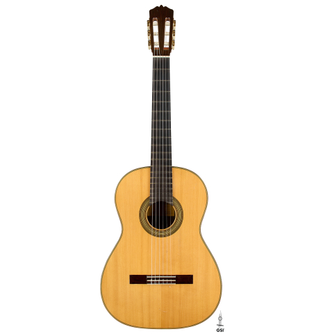 The front of a 1951 Manuel Velazquez classical guitar made of spruce and CSA rosewood