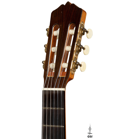 The headstock of a 1951 Manuel Velazquez classical guitar made of spruce and CSA rosewood