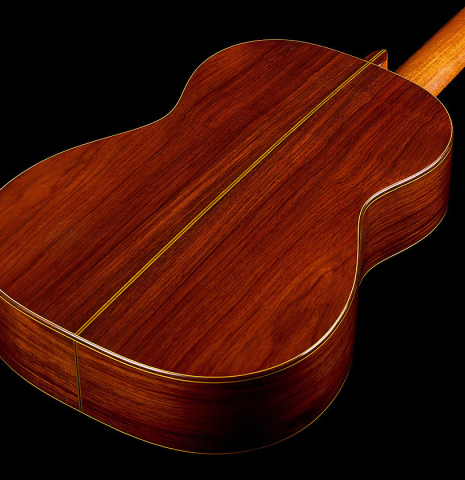 The back and sides of a 1996 Manuel Velazquez classical guitar made of spruce and CSA rosewood