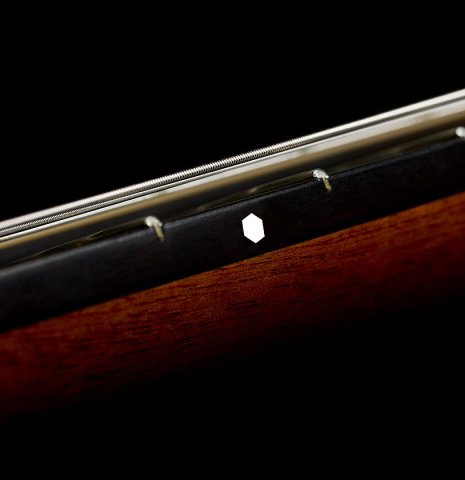 The fingerboard fret marker of a 1996 Manuel Velazquez classical guitar made of spruce and CSA rosewood
