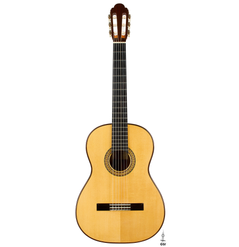 The front of a 1996 Manuel Velazquez classical guitar made of spruce and CSA rosewood