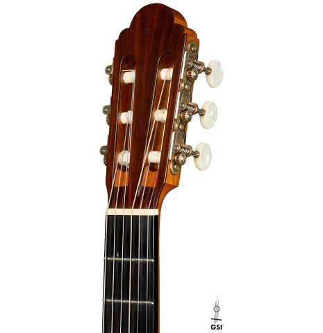 The headstock of a 1996 Manuel Velazquez classical guitar made of spruce and CSA rosewood