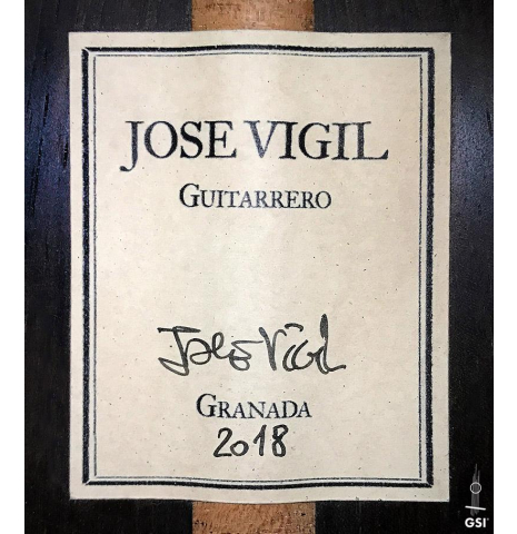 This is the label of a Jose Vigil classical guitar built in 2018. It has a spruce soundboard and CSA rosewood back and sides.