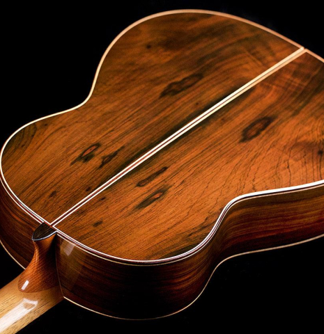 This is the back of a Jose Vigil classical guitar built in 2018. It has a spruce soundboard and CSA rosewood back and sides.
