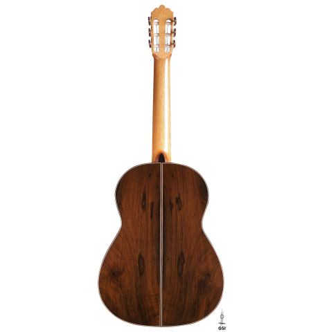 This is the back of a Jose Vigil classical guitar built in 2018 on a white background. It has a spruce soundboard and CSA rosewood back and sides.