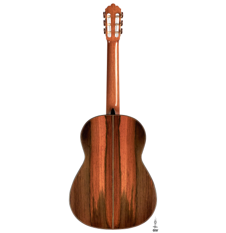 The back of a 2022 Jose Vigil classical guitar made of spruce and CSA rosewood.