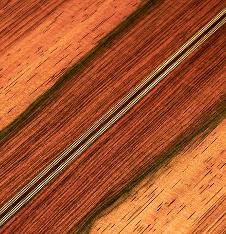 The back of a 2022 Jose Vigil classical guitar made of spruce and CSA rosewood.
