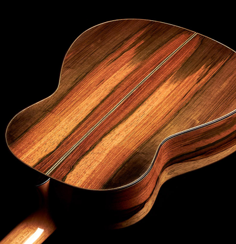 The back of a 2022 Jose Vigil classical guitar made of spruce and CSA rosewood.