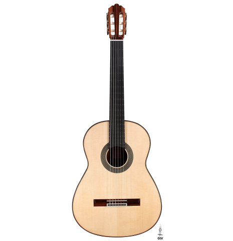 The front of a 2022 Jose Vigil classical guitar made of spruce and CSA rosewood.