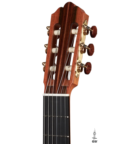 The headstock of a 2022 Jose Vigil classical guitar made of spruce and CSA rosewood.