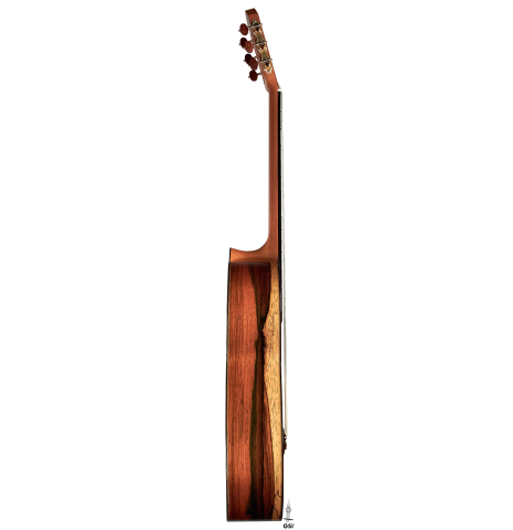 The side of a 2022 Jose Vigil classical guitar made of spruce and CSA rosewood.