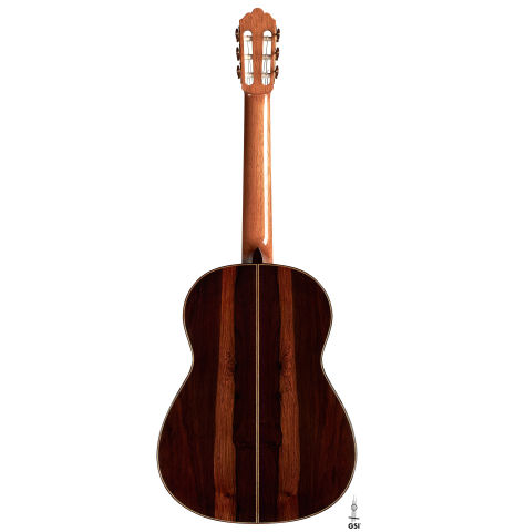 The back of a 2023 Jose Vigil classical guitar made of spruce and CSA rosewood.