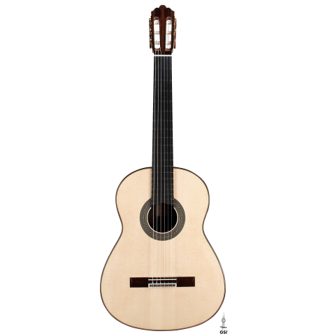 The front of a 2023 Jose Vigil classical guitar made of spruce and CSA rosewood.