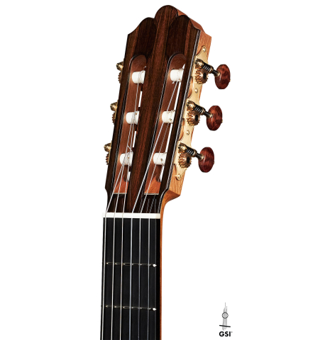 The headstock of a 2023 Jose Vigil classical guitar made of spruce and CSA rosewood.