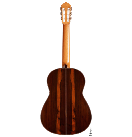 The back of a 2024 Jose Vigil classical guitar made of cedar and CSA rosewood.