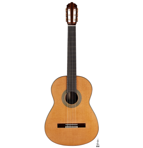 The front of a 2024 Jose Vigil classical guitar made of cedar and CSA rosewood.