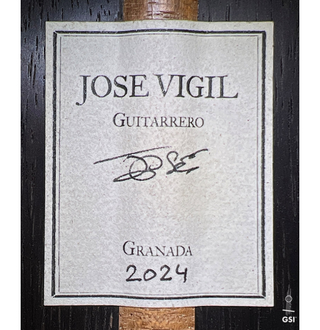 The label of a 2024 Jose Vigil classical guitar made of cedar and CSA rosewood.