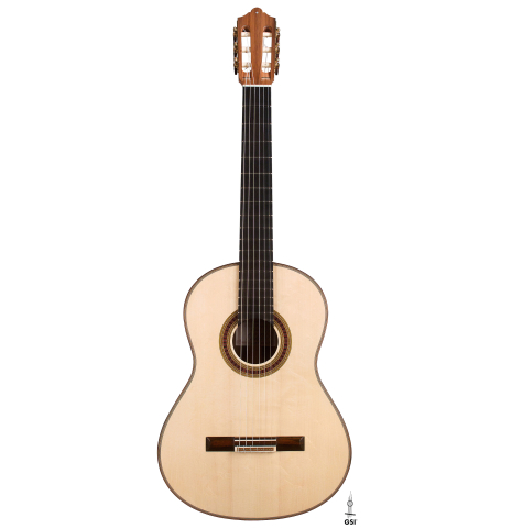 The front of a 2022 Otto Vowinkel classical guitar made with spruce soundboard and CSA rosewood.