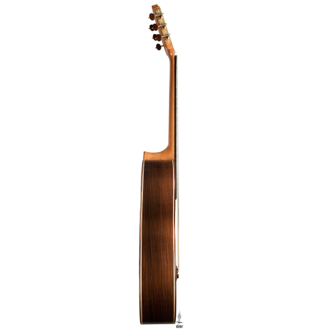 The side of a 2022 Otto Vowinkel classical guitar made with spruce soundboard and CSA rosewood.
