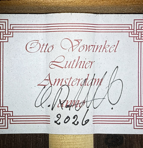 The label of a 2026 Otto Vowinkel classical guitar made of spruce and CSA rosewood