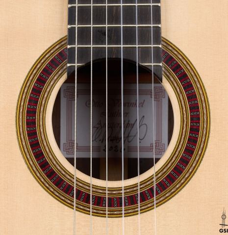 The rosette of a 2026 Otto Vowinkel classical guitar made of spruce and CSA rosewood