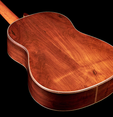 The back of a 2001 Otto Vowinkel 640 scale classical guitar made of spruce and CSA rosewood