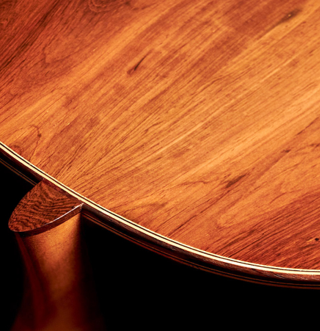 The back and heel of a 2001 Otto Vowinkel 640 scale classical guitar made of spruce and CSA rosewood