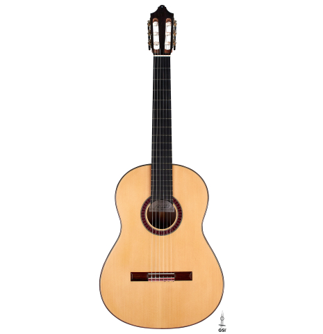 The front of a 2001 Otto Vowinkel 640 scale classical guitar made of spruce and CSA rosewood