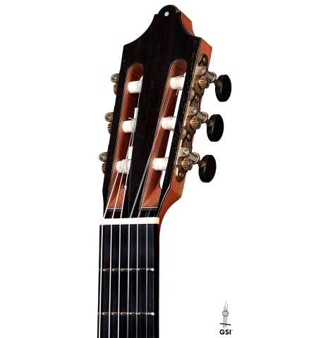 The headstock of a 2001 Otto Vowinkel 640 scale classical guitar made of spruce and CSA rosewood