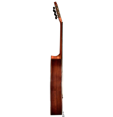 The back of a 2001 Otto Vowinkel 640 scale classical guitar made of spruce and CSA rosewood