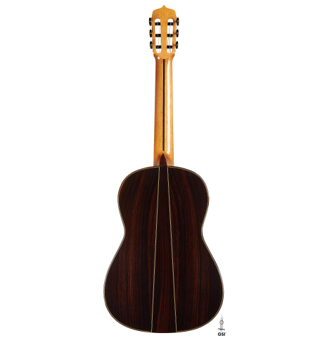 The back of a 2024 Otto Vowinkel "2a Double Top" classical guitar made of cedar and Indian rosewood