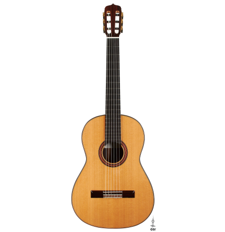 The front of a 2024 Otto Vowinkel "2a Double Top" classical guitar made of cedar and Indian rosewood