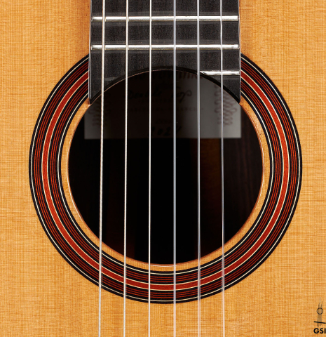 The rosette of a 2024 Otto Vowinkel "2a Double Top" classical guitar made of cedar and Indian rosewood