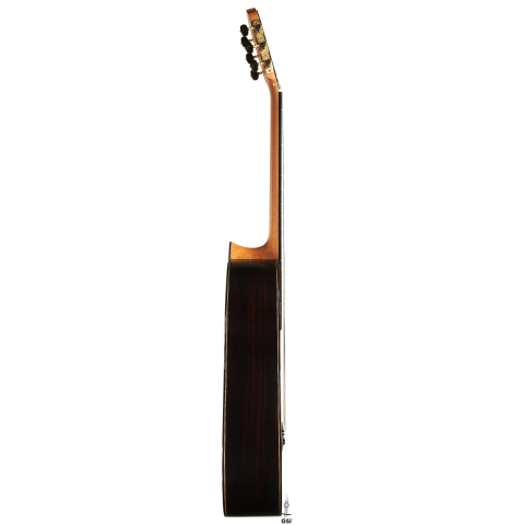 The side of a 2024 Otto Vowinkel "2a Double Top" classical guitar made of cedar and Indian rosewood