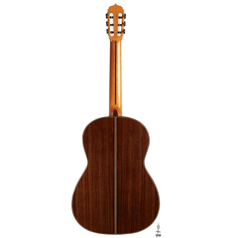 The back of an Otto Vowinkel "2a Baritone" classical guitar made with spruce top and Indian rosewood back and sides.