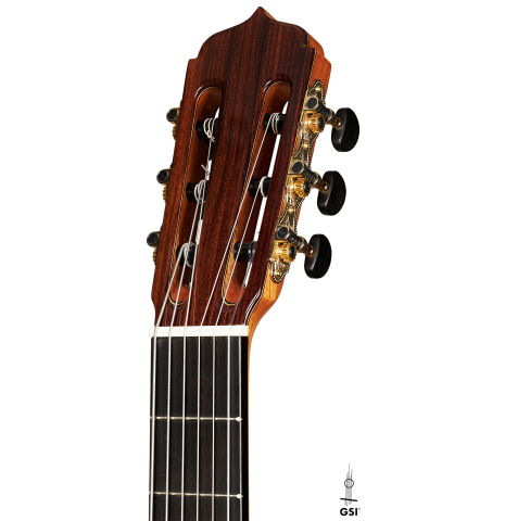 The headstock of an Otto Vowinkel "2a Baritone" classical guitar made with spruce top and Indian rosewood back and sides.