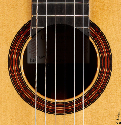 The rosette of an Otto Vowinkel "2a Baritone" classical guitar made with spruce top and Indian rosewood back and sides.