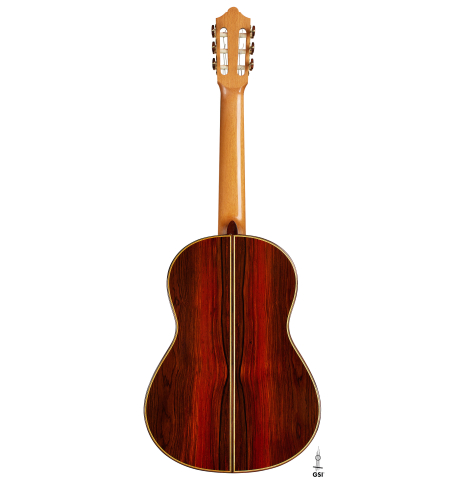 The back of a 2025 Otto Vowinkel classical guitar made with spruce and cocobolo