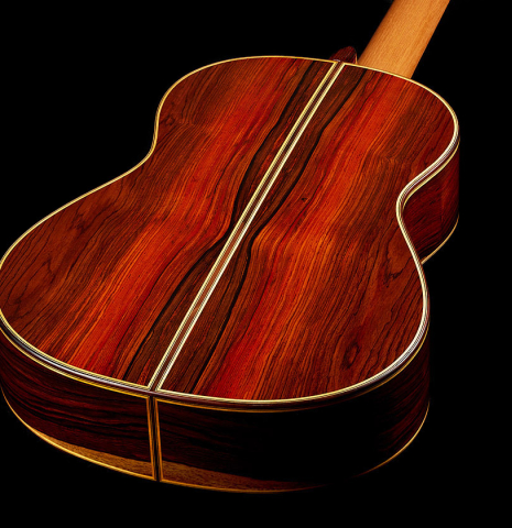 The back and sides of a 2025 Otto Vowinkel classical guitar made with spruce and cocobolo