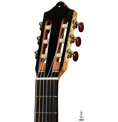The headstock of a 2025 Otto Vowinkel classical guitar made with spruce and cocobolo