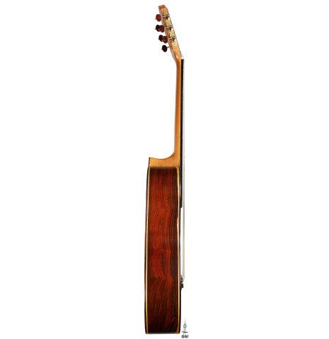 The side of a 2025 Otto Vowinkel classical guitar made with spruce and cocobolo